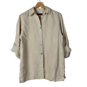 Valerie‎ by Valerie Stevens Petite Beige Linen Roll Sleeve Button Down Top SP